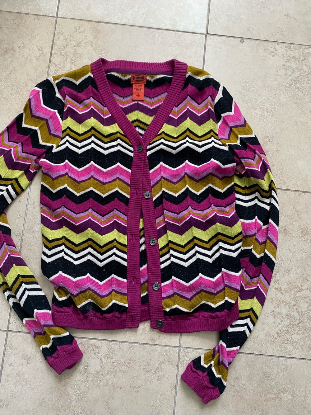 Missoni Chevron V-Neck Cardigan in Pink, Green & Black